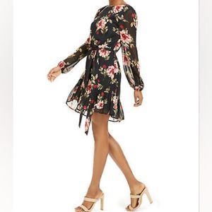 City Vibe Black Metallic Floral-Print Belted Chiffon Mini Dress Small